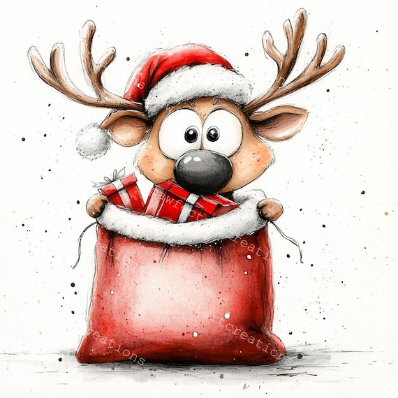 面白いクリスマスのトナカイのクリップアート：水彩画のヘラジカ JPG