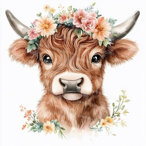 Baby Highland Cow Clipart: Watercolor Farm Animal JPGs (Digital Download)