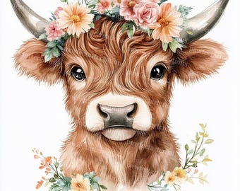 Baby Highland Cow Clipart: Watercolor Farm Animal JPGs (Digital Download)