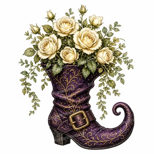 May include: A purple boot with a curled toe and gold filigree patterns, featuring a buckled strap across the ankle. The boot serves as a container for a lush bouquet of cream-colored roses and green leaves, with several buds extending upwards.
