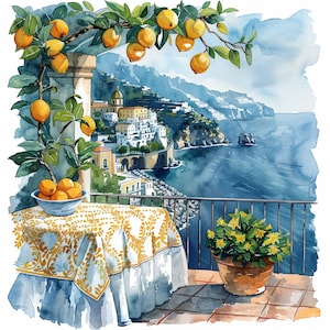 14 Amalfikust clipart, Italiaanse kust, kustlandschap, afdrukbare aquarel, hoogwaardige jpg's, papercraft, junk Journal, kunst aan de muur