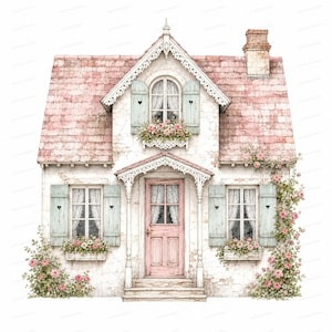 May include: A two-storey cottage with a weathered white stone facade, a pink shingled roof, and a central chimney. The house features light blue shutters with heart cutouts, white lace curtains, pink flower boxes, and climbing rose bushes.