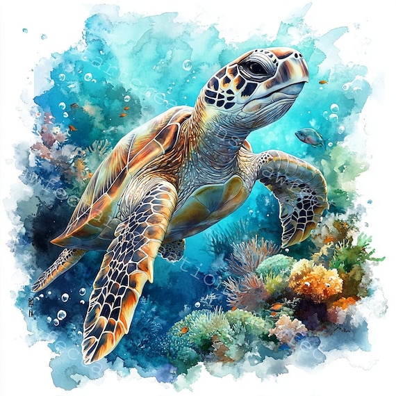 ウミガメの水彩画クリップアート：海の生き物 JPG（デジタル