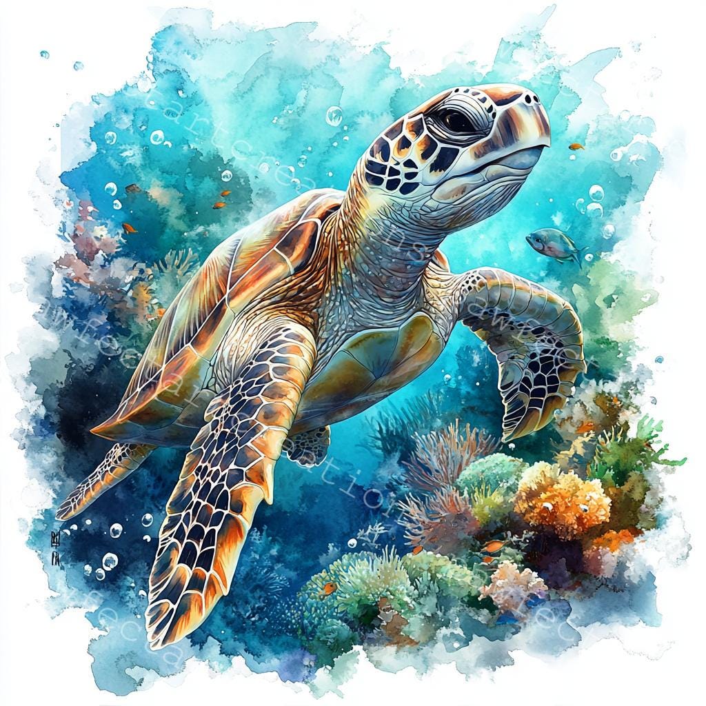 ウミガメの水彩画クリップアート：海の生き物 JPG（デジタル