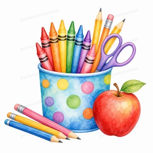 20 Crayon Pot School Supplies Clipart, Teacher Classroom Craft Art Watercolor JPGs, Digital Download, Commercial Use