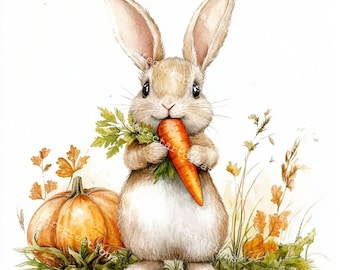 Könnte beinhalten: Aquarellillustration eines flauschigen Hasen, der eine leuchtend orange Karotte mit grünen Blättern hält. Ein runder, orangefarbener Kürbis und Herbstlaub befinden sich im Hintergrund. Das Kunstwerk hat einen weichen, skurrilen Stil, ideal für Ostern oder Herbstdekoration.