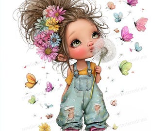 26 Whimsical Girl with Flower Clipart, Spring Dandelion Art, Nursery Illustration, Printable JPGs, Digital Download, Commercial Use
