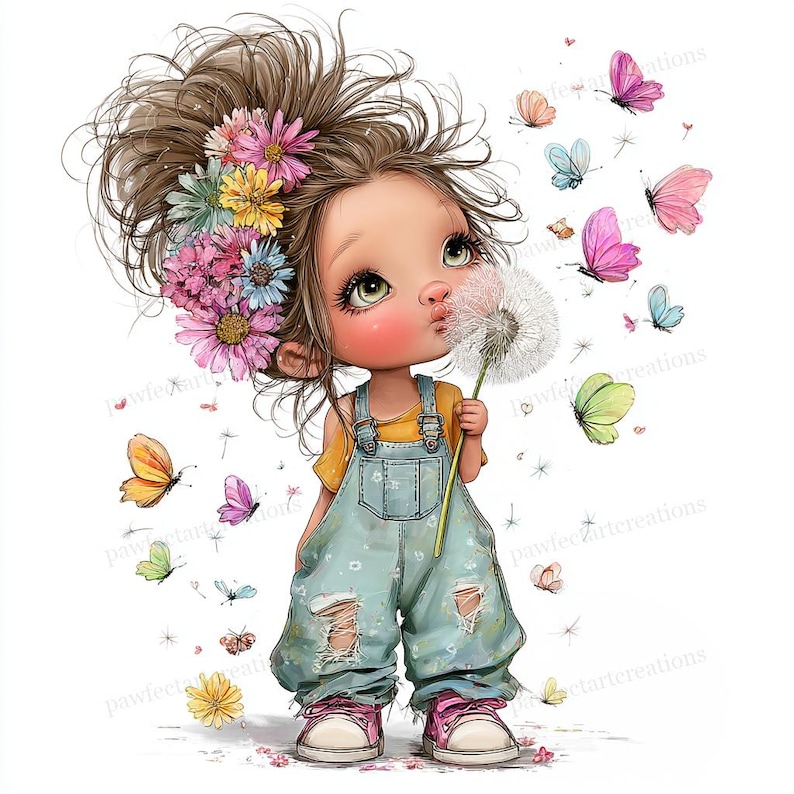 May include: A digital illustration of a young girl with brown hair adorned with flowers, wearing a yellow shirt and denim overalls. She holds a dandelion, blowing seeds toward colorful butterflies. The image has a whimsical, cartoonish style.