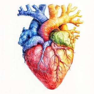 May include: A watercolor painting of a human heart, rendered in rainbow colors. The heart is depicted in anatomical detail, with the chambers, valves, and major blood vessels visible. The painting is a vibrant and colorful representation of the human heart.