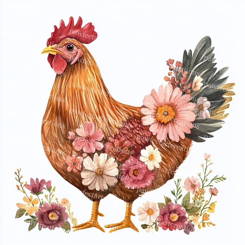 Floral Chicken Clipart: Cottagecore Watercolor Farm Animal Art (JPG ...