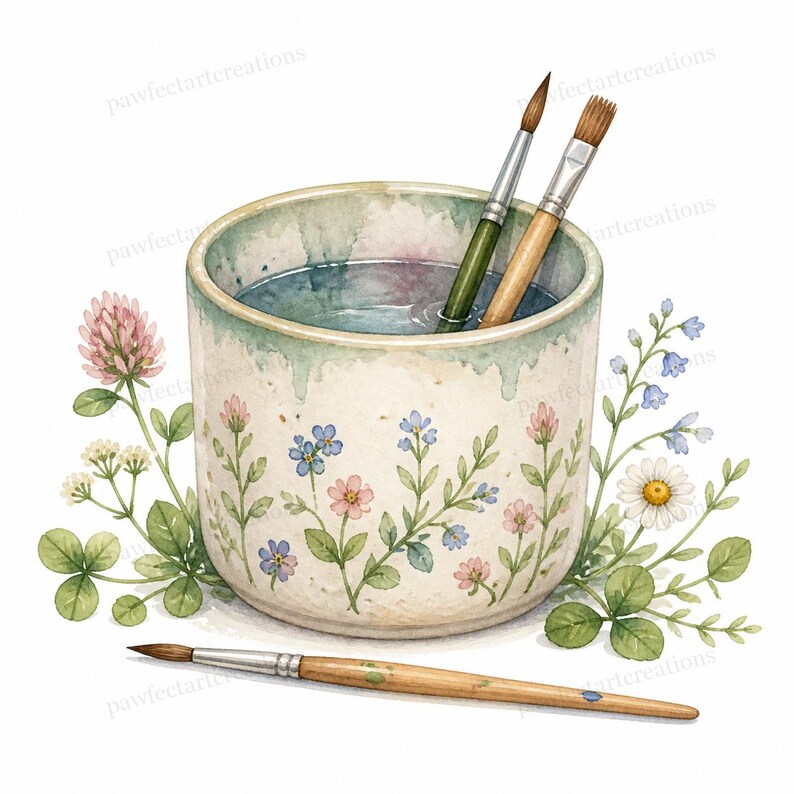 May include: Watercolor illustration of a ceramic cup filled with water and two paintbrushes. The cup is decorated with pink, blue, and white flowers. A third paintbrush rests below the cup, and floral elements surround the cup.