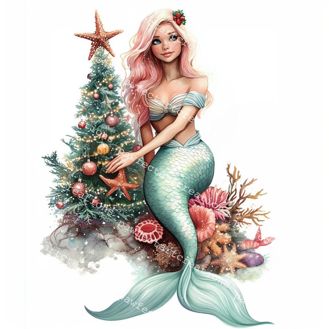 13 クリスマスマーメイドクリップアート、水中クリスマスサイレン