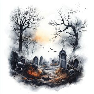 Puede incluir: Ilustración en acuarela de una escena de cementerio espeluznante. Árboles desnudos enmarcan un camino que conduce a lápidas y calaveras. Murciélagos vuelan en el cielo y una luz suave brilla en la distancia, creando una atmósfera inquietante.