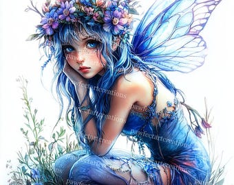 Può includere: Una fata blu con le ali è seduta in un campo di fiori blu. Indossa una corona di fiori sulla testa e ha i capelli blu. Indossa un vestito blu con un motivo floreale.