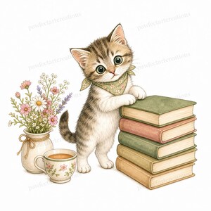 20 Cottagecore Reading Cats Clipart
