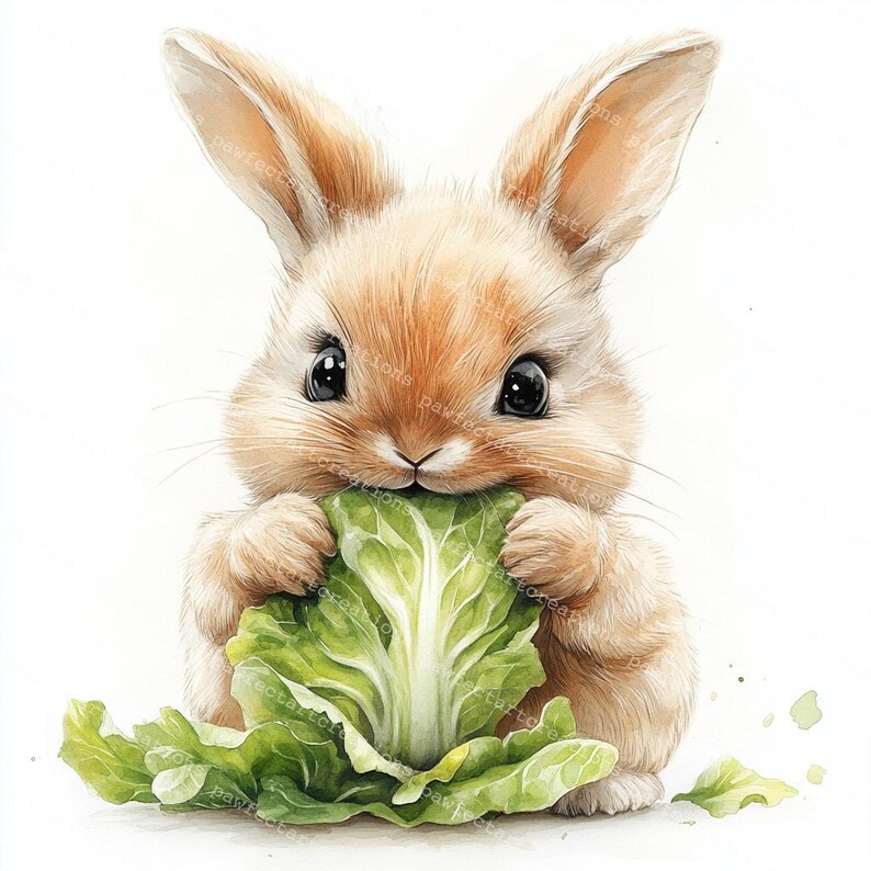 May include: A cute brown bunny rabbit with big eyes is eating a green cabbage leaf. The bunny is sitting on a white background.