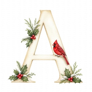 May include: A cream-colored capital letter A decorated with green holly leaves, red berries, and patches of white snow. A bright red cardinal bird is perched on the horizontal crossbar of the letter, facing toward the left side of the image.