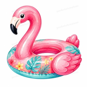 Könnte beinhalten: Aufblasbarer Pool-Schwimmring in Form eines rosa Flamingos mit schwarzem Schnabel und Augendetails. Der Schwimmer hat ein Ringdesign mit floralen und Blatt-Akzenten in Rosa-, Türkis- und Gelbtönen, ideal für den Sommer.