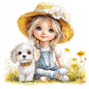 12 Sommer Mädchen mit Hund Clipart, Hundeliebhaber Geschenk, süßes Mädchen, Sommersaison, druckbares Aquarell, hochwertige JPGs, Papierzeug, Junk Journal