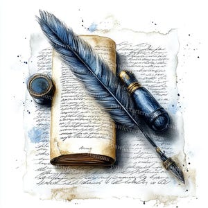 Può includere: Una penna d'oca blu con un calamaio blu e un rotolo di pergamena con testo scritto a mano. La carta è su uno sfondo bianco con schizzi di acquerello blu.
