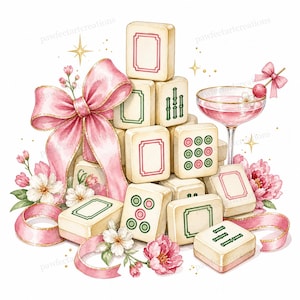 May include: Watercolor illustration of a stack of ivory Mahjong tiles with pink and green accents, a pink bow, flowers, and a cocktail. The tiles feature various symbols and designs. A pink ribbon and gold stars add to the decorative theme.