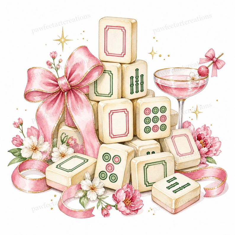 May include: Watercolor illustration of a stack of ivory Mahjong tiles with pink and green accents, a pink bow, flowers, and a cocktail. The tiles feature various symbols and designs. A pink ribbon and gold stars add to the decorative theme.