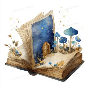 May include: Watercolor illustration of an open book with a night sky scene inside. The pages reveal a starry sky, a wooden door, and blue mushrooms. Gold stars and accents add detail to the whimsical design.