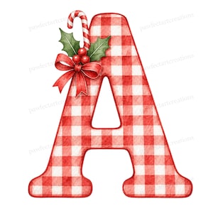 May include: A decorative letter "A" in a red and white gingham pattern, adorned with a candy cane, holly leaves, red berries, and a red bow. The design has a watercolor effect, perfect for Christmas-themed crafts and decor.