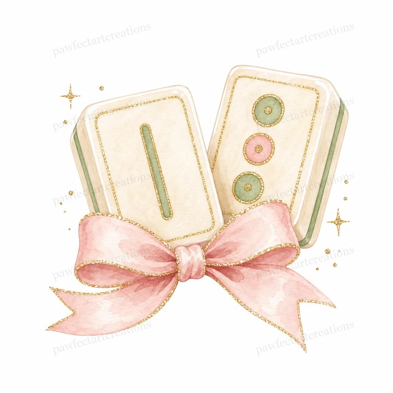 May include: Watercolor illustration of two Mahjong tiles with gold trim and a pink bow with gold glitter edges. One tile has a green vertical line, the other has three circles. The background is white.