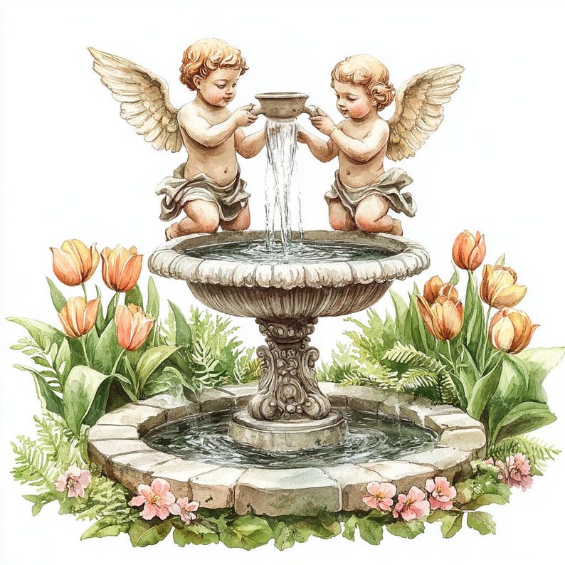 12 Garden Fountains Clipart, Floral Fountain, Floral Garden, Printable Watercolor, High-Quality JPGs, Papercraft, Junk Journal,Digital Craft