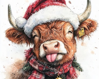 10 Funny Christmas Highland Cow Clipart, Farm Animal Clipart, Printable Watercolor, High-Quality JPGs&PNGs, Junk Journal, Digital Craft