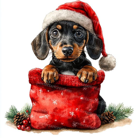 クリスマスのダックスフントのクリップアート：水彩画風の犬好きアート