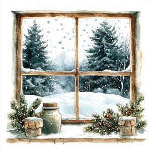 10 imágenes prediseñadas de paisaje invernal desde una ventana, imágenes prediseñadas de paisaje invernal navideño desde una ventana, acuarela imprimible, archivos JPG de alta calidad, manualidades de papel, diario basura