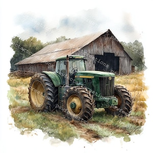 12 green Farm Tractor Clipart, Old Tractor Clipart, Printable Watercolor, High-Quality JPGs, Papercraft, Junk Journal, Digital Craft