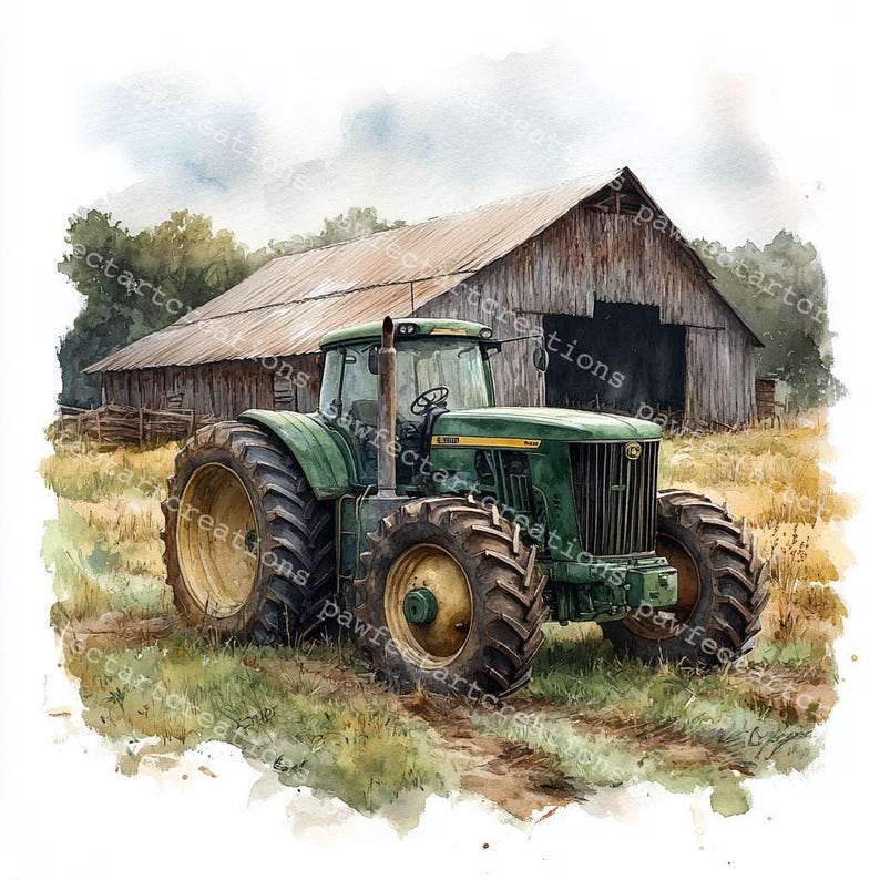 12 green Farm Tractor Clipart, Old Tractor Clipart, Printable Watercolor, High-Quality JPGs, Papercraft, Junk Journal, Digital Craft