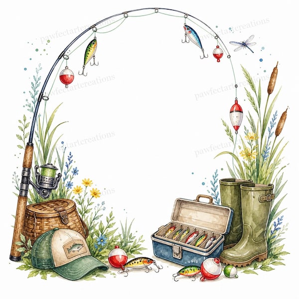 20 imágenes prediseñadas de marcos de aparejos de pesca para el Día del Padre, imágenes JPG de acuarela de regalos de aparejos de pesca para el Día del Padre, descarga digital, uso comercial.