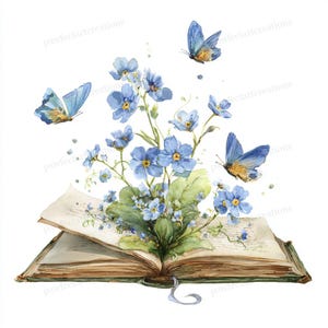 May include: Watercolor illustration of an open book with blue forget-me-nots and butterflies. The book's pages are aged, and the cover is green. Three blue butterflies with orange accents flutter around the flowers.