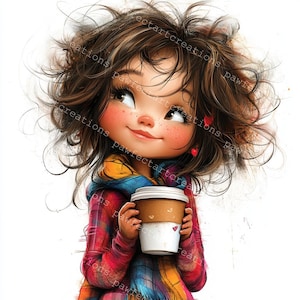 10 Quirky Coffee Girls Clipart, Coffee Clipart, Set 2, Printable Watercolor, High-Quality JPGs, Papercraft, Junk Journal, Digital Craft