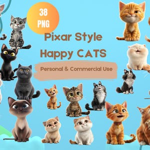 Pixar Style Cat Clipart, Cat PNG Bundle, Happy Kitten Clipart, Cute Cat Portraits Clipart, Happy Kitten Caricature, Fun Cat, Cartoon Cat PNG