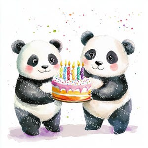 10 schattige panda met verjaardagstaart clipart, cartoon panda clipart, afdrukbare aquarel, hoogwaardige jpg's, ongewenste dagboek, digitale ambacht,