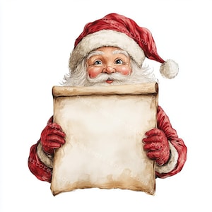 10 imágenes prediseñadas de Papá Noel sosteniendo un pergamino en blanco, tarjeta navideña, acuarela imprimible, archivos JPG de alta calidad, manualidades de papel, diario basura, manualidades digitales