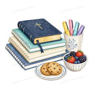 May include: A stack of three spiral-bound notebooks topped with a dark blue hardcover book featuring a gold cross. Beside them sits a speckled mug containing four colored pens, a small bowl of strawberries and blueberries, and two chocolate chip cookies.