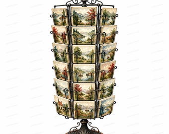 20 antieke ansichtkaartencarrousel-clipart, vintage reisdisplaykunst, aquarel JPG's, digitale download, commercieel gebruik