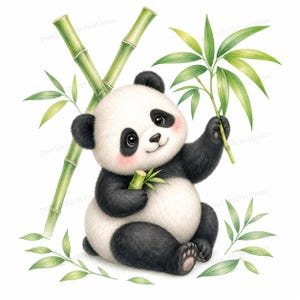 May include: A cute panda bear illustration with black and white fur, holding bamboo stalks and leaves. The panda has rosy cheeks and is set against a white background. The image has a watercolor style.
