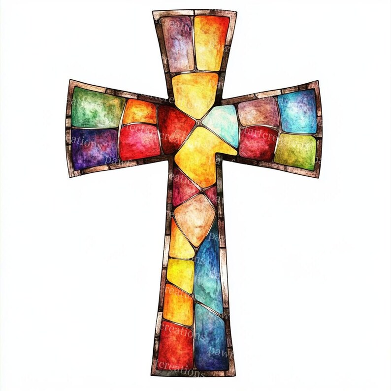 May include: A colorful stained-glass cross design. The cross features a mosaic of vibrant colors including red, yellow, blue, green, and purple. The edges are outlined with a dark brown border. The image has the text "paw creations" in the lower left and right corners.