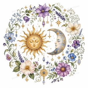 以下が含まれることがあります： 穏やかな顔の金色の太陽と、横顔の三日月を描いた円形水彩イラスト。紫、青、白の色合いの花々、星、吊り下げられたクリスタルでデザインが囲まれています。