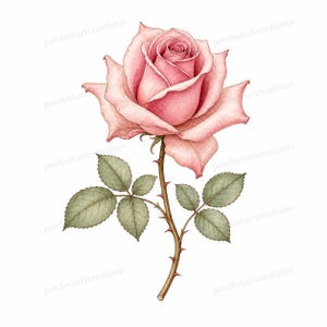 Könnte beinhalten: Eine detaillierte botanische Illustration einer einzelnen rosa Rose mit einem langen, dornigen Stiel und mehreren gedämpften grünen Blättern. Die Rosenblätter weisen weiche Schattierungen und komplexe Texturen in verschiedenen hellen Rosatönen auf.