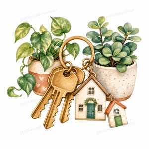 May include: A gold-toned metal keyring featuring three keys and two house-shaped charms, one larger with a green door and one smaller with a green door, positioned between two potted plants with green leaves in speckled and heart-patterned pots.