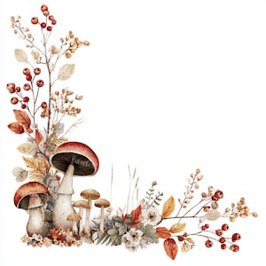 May include: A watercolour illustration of an autumnal corner arrangement. It features red-capped mushrooms, berries, and fall foliage in shades of brown, orange, and beige, creating a seasonal theme.
