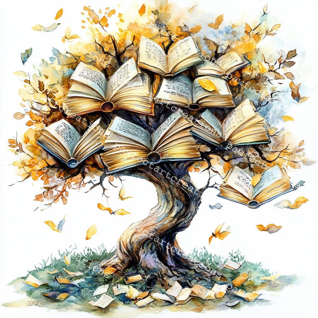 Book Tree Clipart: Watercolor Reading Graphics for Junk Journals (jpgs ...